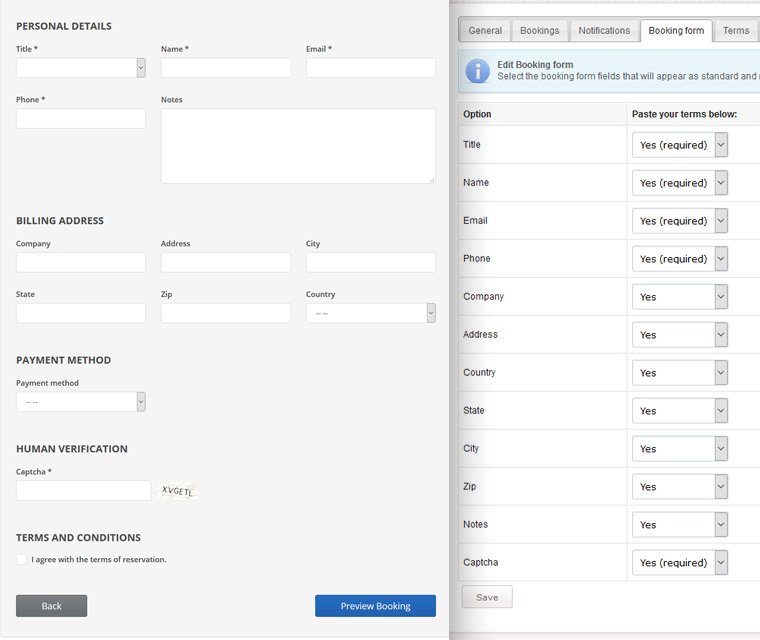 Customizable booking form