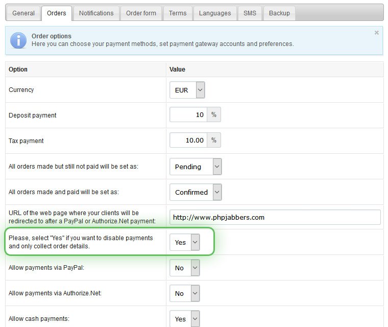 Disable catering software payments