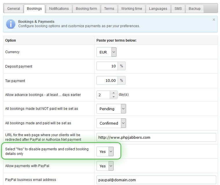 Enable and disable payments