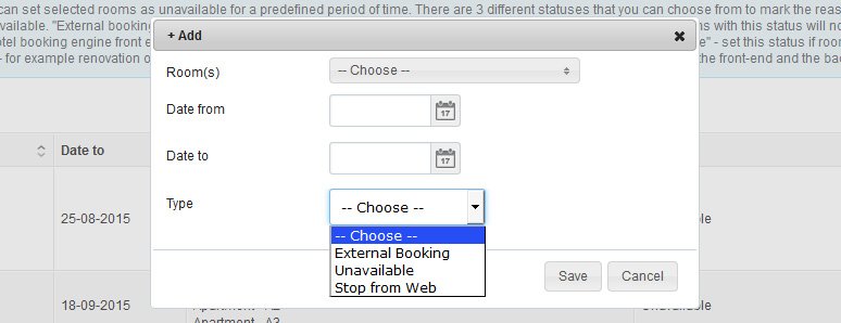 Room unavailability options' dropdown menu