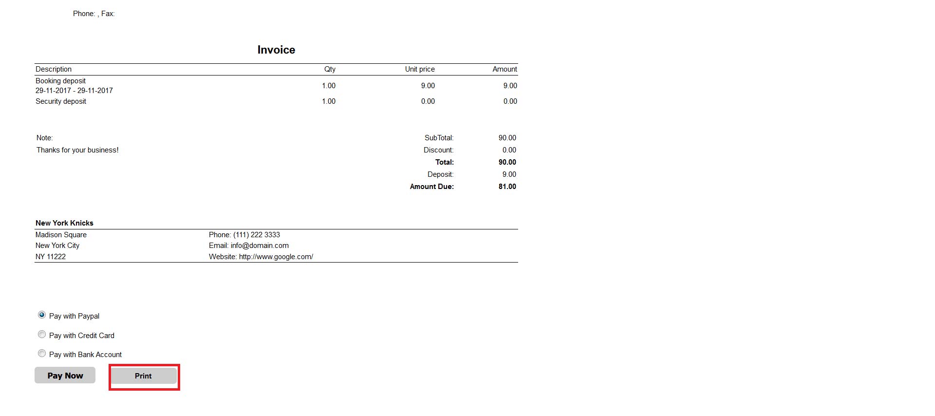 Invoice print option