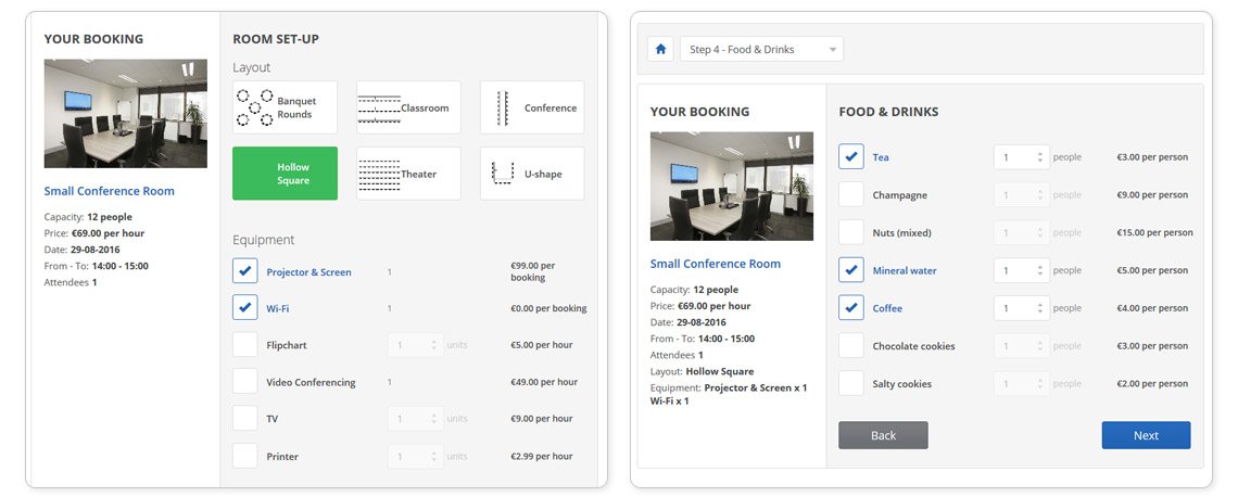 Meeting room set-up and extra food and drink offer configurations