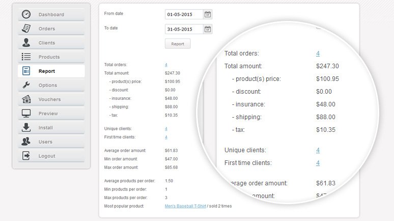 Reporting section with example data