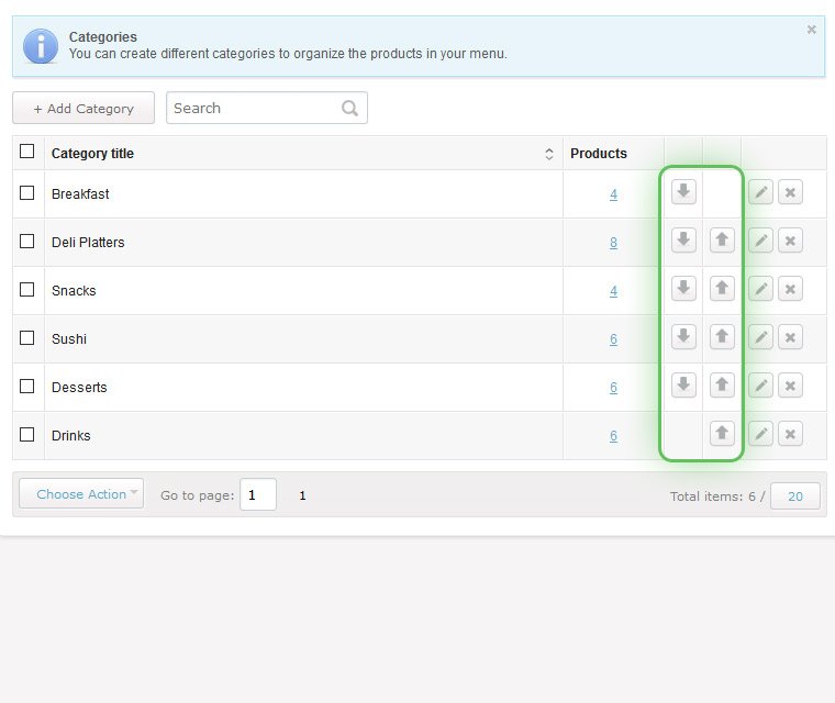 Rearrange catering system categories