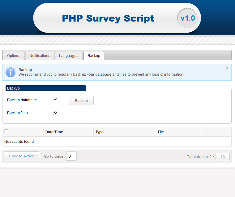 Backup surveys and database