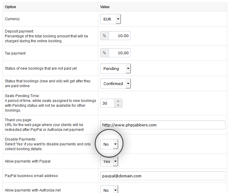 Enable or disable payments