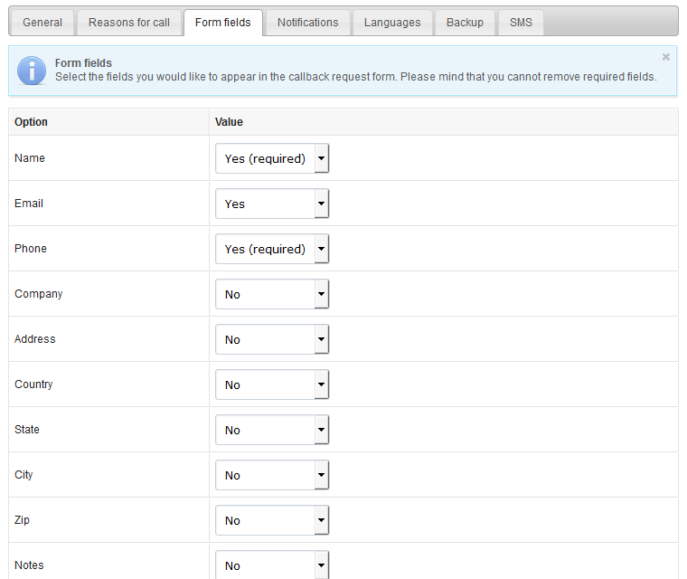 Editable callback form fields