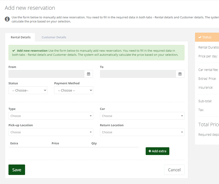 Car Rental Add Bookings Manually