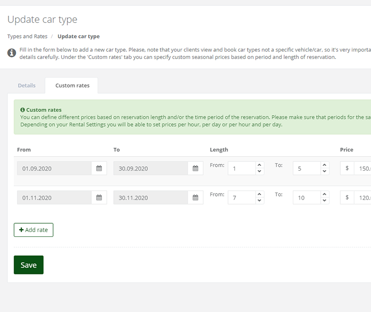 Car Rental Add Custom Rates