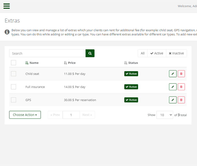 Car Rental Assign Various Extras