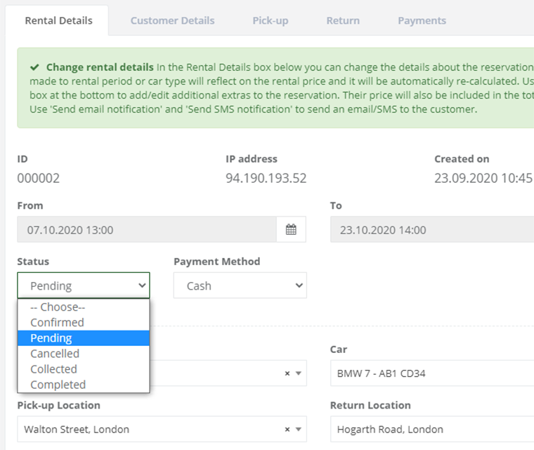 Car Rental Control Booking Statuses