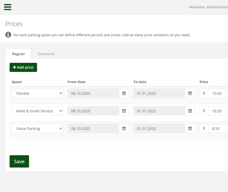 Cark Park Booking Set Periods And Prices For Each Parking Space Type