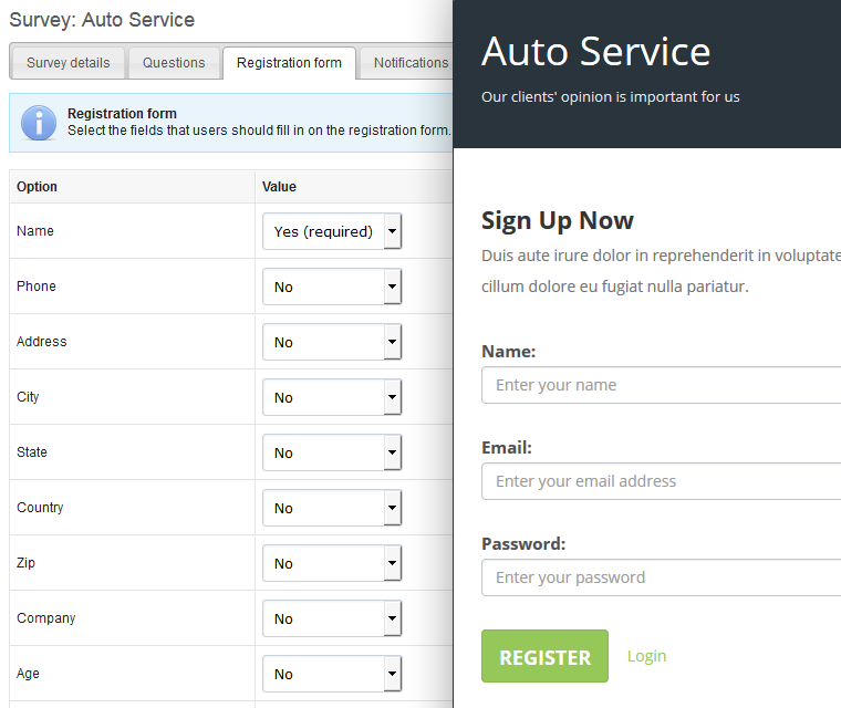 Customize survey registration form