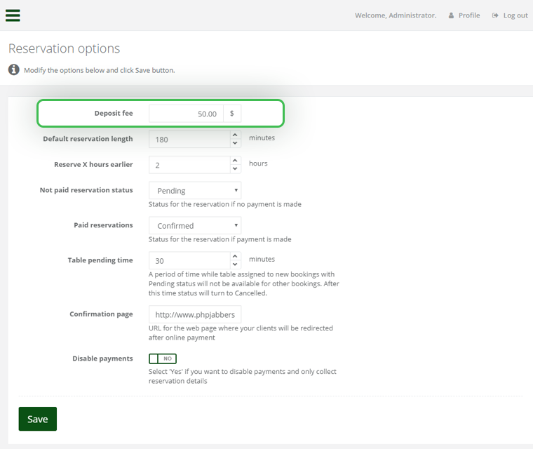 Restaurant Booking System Deposit Fee