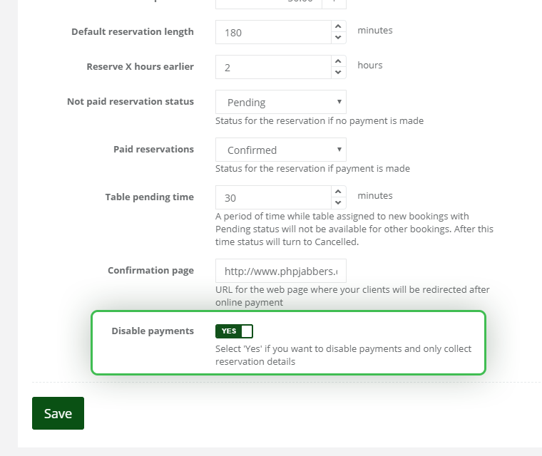 Restaurant Booking System Enable Disable Payments