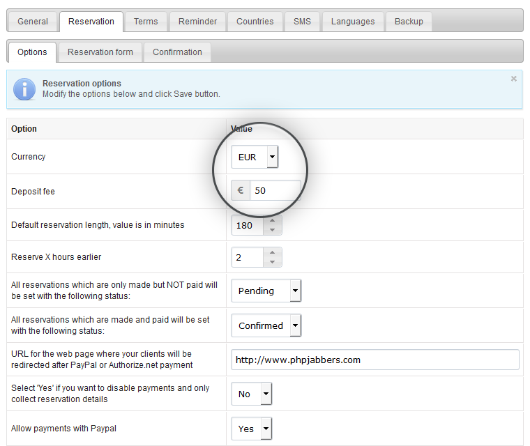 Restaurant Booking System Set the Default Currency And Deposit Fee