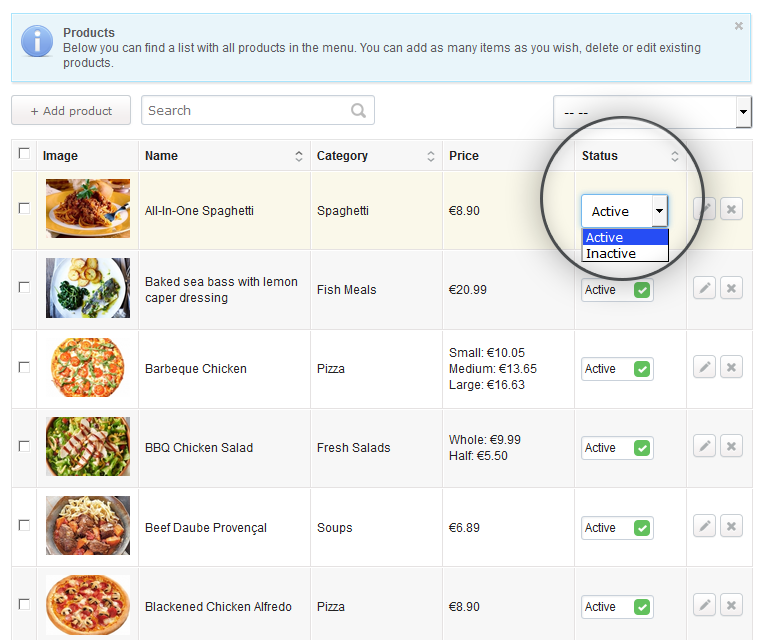 Restaurant Menu Maker Change Product Status